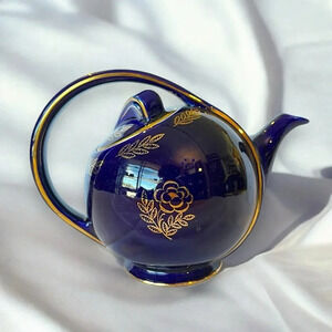 Cobalt Blue and Gold Floral Teapot - Elegant Serveware